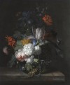 A STILL LIFE WITH HYDRANGEA CONVOLVULUS POLYANTHUS PEONIES AURICULA CARNATION TULIPS SNOWBALLS AND OTHER FLOWERS IN A GLASS VASE Jan van Huysum